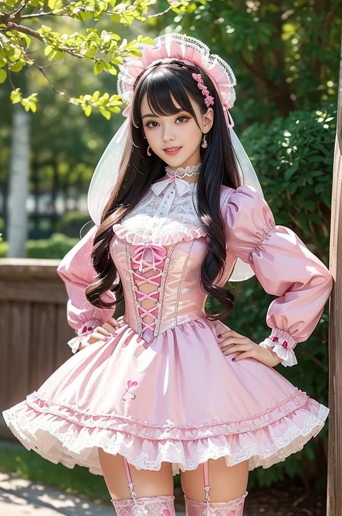 sexy stylish Spanish model, only 1 female, ((doll-like appearance)), long neon pink stylish hair, ((shiny Victorian-Style boots)), (big smile), ultra detailed eyes, very detailed eye makeup, lipgloss, long lashes, defined eyebrows, ((sexy Sweet ta cosplay)), bell-shaped skirt, petticoats, high neckline, puffed sleeves, ((ultra detailed lace)), ((ultra detailed embroidery)), intricate details, animals, fairy tales, heart-shaped bag, Sweet Loliccessoires, large bow, Sweet Lolita cr, ((large sparkling Sweet Lolita jewel, cinematic light, detailed large park background with trees