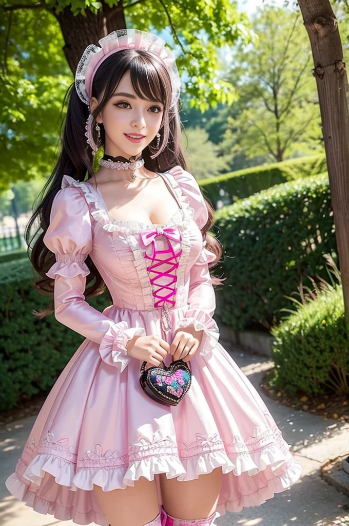 sexy stylish Spanish model, only 1 female, ((doll-like appearance)), long neon pink stylish hair, ((shiny Victorian-Style boots)), (big smile), ultra detailed eyes, very detailed eye makeup, lipgloss, long lashes, defined eyebrows, ((sexy Sweet ta cosplay)), bell-shaped skirt, petticoats, high neckline, puffed sleeves, ((ultra detailed lace)), ((ultra detailed embroidery)), intricate details, animals, fairy tales, heart-shaped bag, Sweet Loliccessoires, large bow, Sweet Lolita cr, ((large sparkling Sweet Lolita jewel, cinematic light, detailed large park background with trees