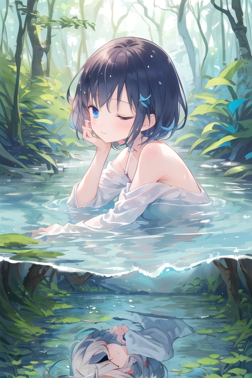 One girl, (Sleeping Peace:0.9), Tilt your head, (In the water,In the water theme,In the water forest, reflection:1.2), upper_body, short_cut_hair,