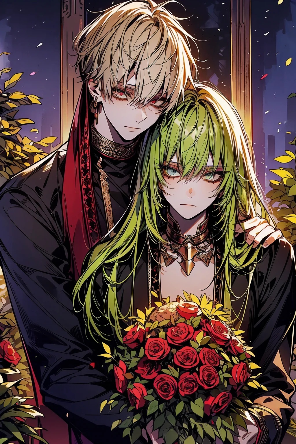 absurd resolution, high resolution, ultra detailed, HDR, master piece, best quality, extremely detailed face and eyes, beautiful vibrant eyes, caster Gilgamesh, expressive eyes, fate grand order, Enkidu, expressive eyes, gay couple, two men only, handsome, garden, red roses, petals, arabian clothes