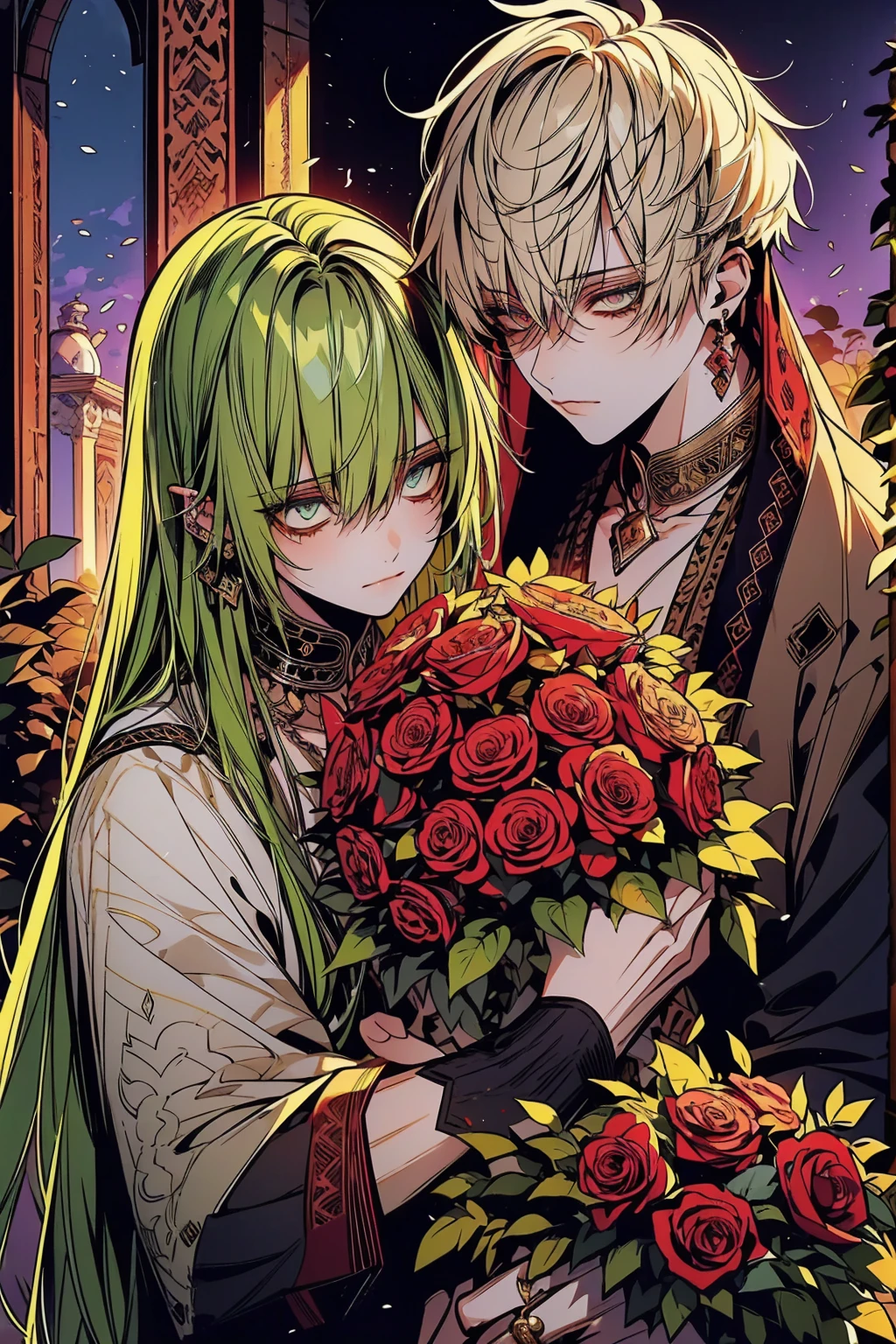 absurd resolution, high resolution, ultra detailed, HDR, master piece, best quality, extremely detailed face and eyes, beautiful vibrant eyes, caster Gilgamesh, expressive eyes, fate grand order, Enkidu, expressive eyes, gay couple, two men only, handsome, garden, red roses, petals, arabian clothes