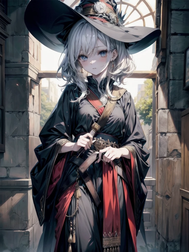 Anime character, holding dual axes, traditional witch outfit, hat, absurdres, RAW photo, extremely delicate and beautiful, masterpiece, Best Quality, ultra high resolution, 32k, hyperrealistic, ultra-detailed, perfect figure, perfect shape, detailed description, pale skin, 20 years old, detailed beautiful face and eyes, tearful mole, earring, short medium hair, wavy hair,