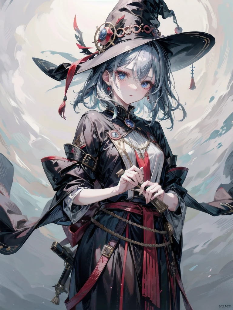 Anime character, holding dual axes, traditional witch outfit, hat, absurdres, RAW photo, extremely delicate and beautiful, masterpiece, Best Quality, ultra high resolution, 32k, hyperrealistic, ultra-detailed, perfect figure, perfect shape, detailed description, pale skin, 20 years old, detailed beautiful face and eyes, tearful mole, earring, short medium hair, wavy hair,