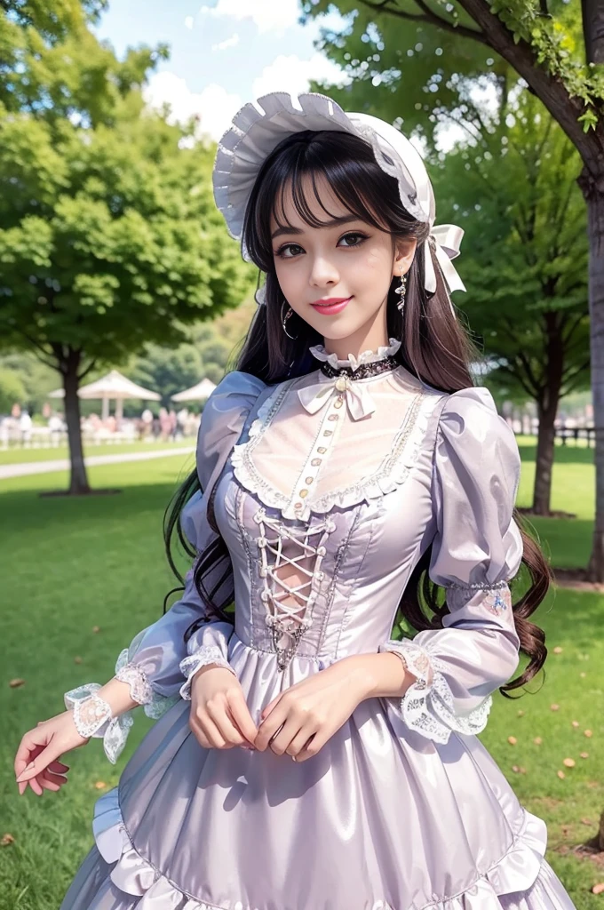 sexy stylish Spanish model, only 1 female, ((doll-like appearance)), long natural stylish hair, ((shiny Victorian-Style boots)), (big smile), ultra detailed eyes, very detailed eye makeup, lipgloss, long lashes, defined eyebrows, ((sexy Sweet Lolita cosplay)), bell-shaped skirt, petticoats, high neckline, puffed sleeves, ((ultra detailed lace)), ((ultra detailed embroidery)), intricate details, animals, fairy tales, heart-shaped bag, Sweet Lolita accessoires, large bow, Sweet Lolita choker, ((large sparkling Sweet Lolita jewelry)), cinematic light, detailed large park background with trees 