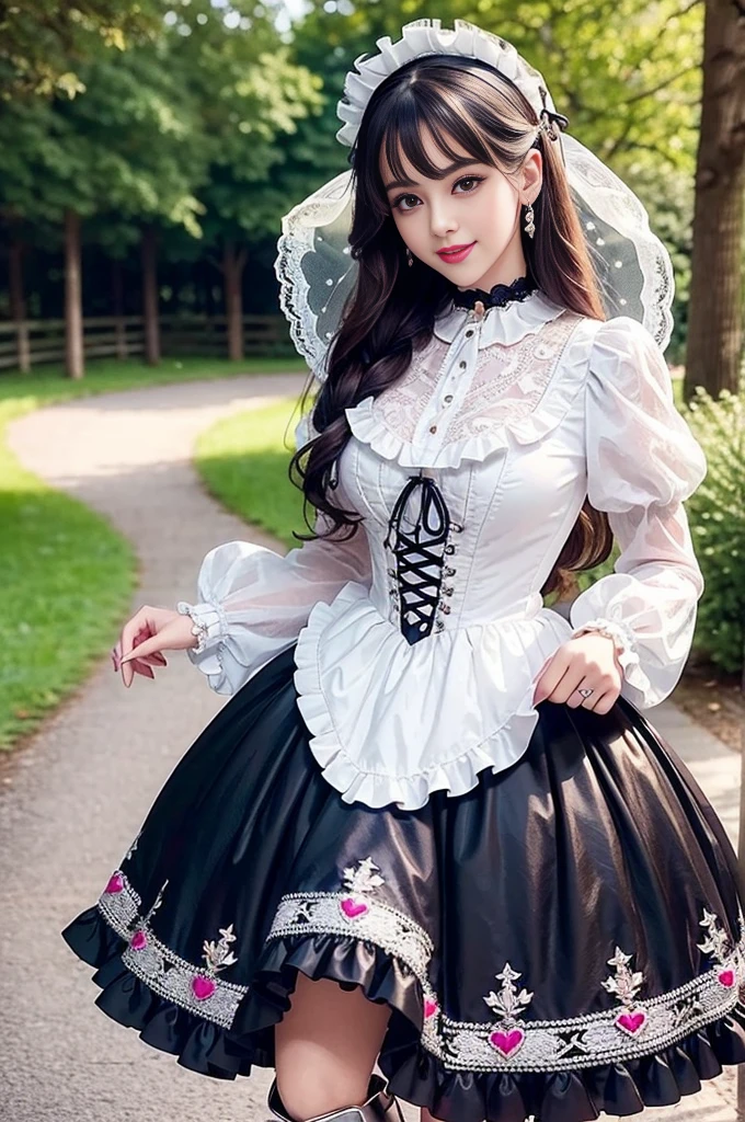 sexy stylish Spanish model, only 1 female, ((doll-like appearance)), long natural stylish hair, ((shiny Victorian-Style boots)), (big smile), ultra detailed eyes, very detailed eye makeup, lipgloss, long lashes, defined eyebrows, ((sexy Sweet ta cosplay)), bell-shaped skirt, petticoats, high neckline, puffed sleeves, ((ultra detailed lace)), ((ultra detailed embroidery)), intricate details, animals, fairy tales, heart-shaped bag, Sweet Loliccessoires, large bow, Sweet Lolita cr, ((large sparkling Sweet Lolita jewel, cinematic light, detailed large park background with trees