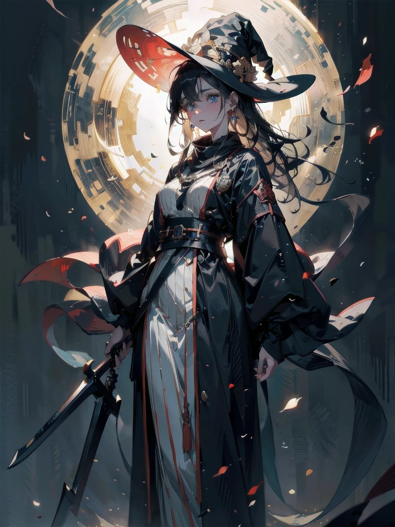 Anime character, holding dual axes, traditional witch outfit, hat, absurdres, RAW photo, extremely delicate and beautiful, masterpiece, Best Quality, ultra high resolution, 32k, hyperrealistic, ultra-detailed, perfect figure, perfect shape, detailed description, pale skin, 20 years old, detailed beautiful face and eyes, tearful mole, earring, short medium hair, wavy hair,