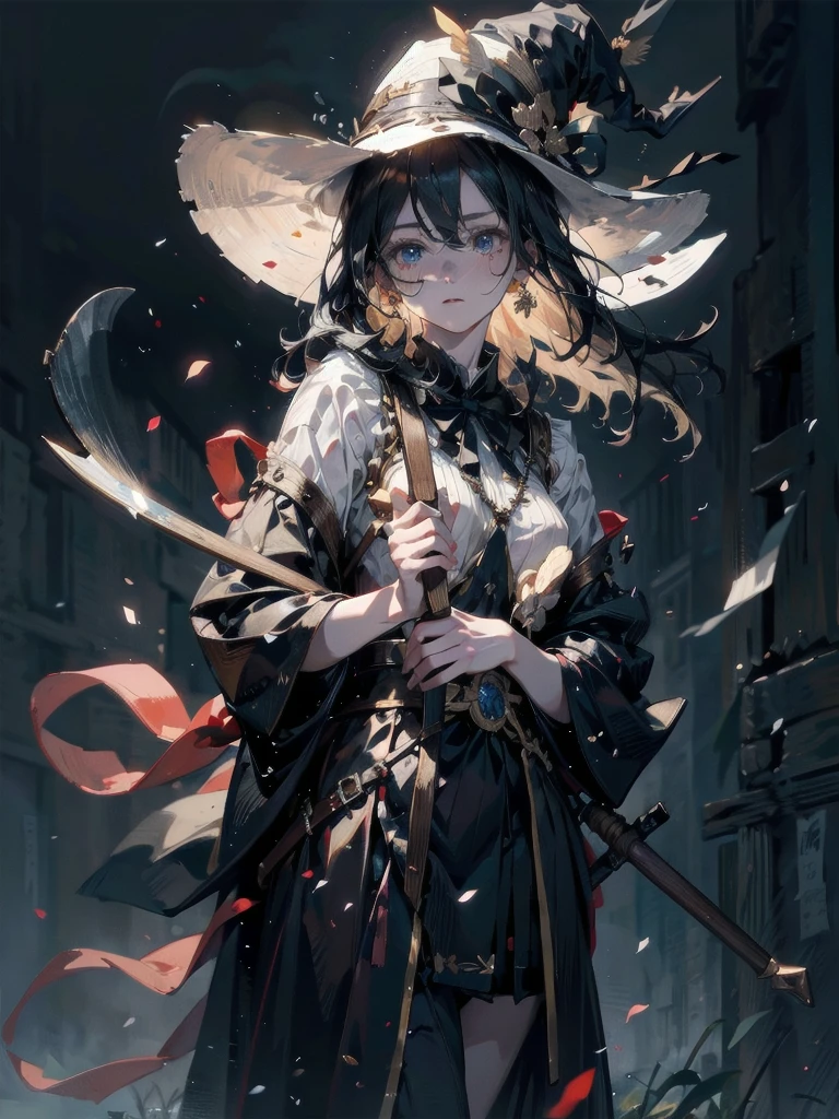 Anime character, holding dual axes, traditional witch outfit, hat, absurdres, RAW photo, extremely delicate and beautiful, masterpiece, Best Quality, ultra high resolution, 32k, hyperrealistic, ultra-detailed, perfect figure, perfect shape, detailed description, pale skin, 20 years old, detailed beautiful face and eyes, tearful mole, earring, short medium hair, wavy hair,