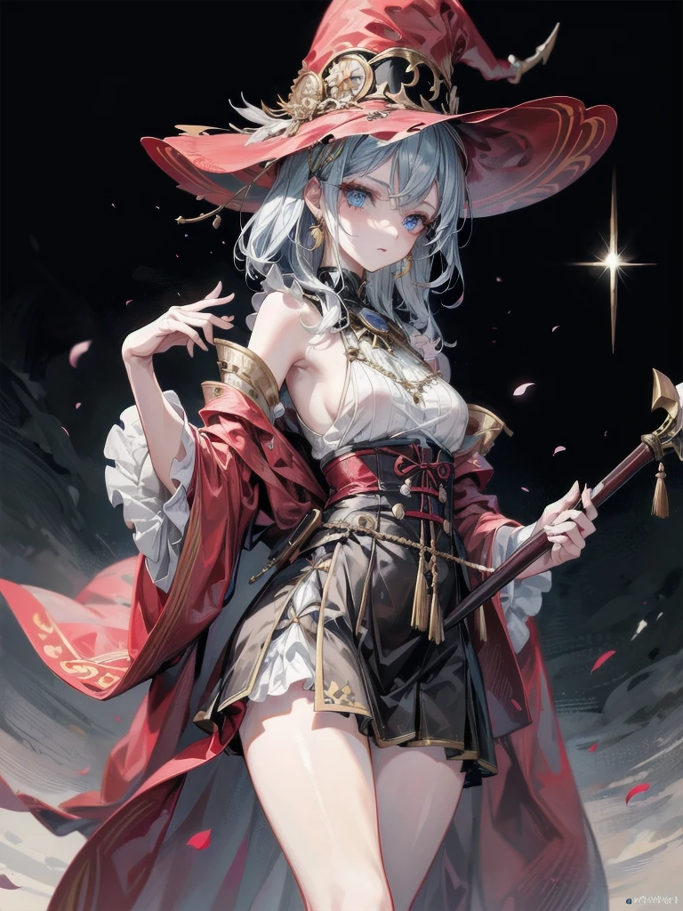 Anime character, holding dual axes, traditional witch outfit, hat, absurdres, RAW photo, extremely delicate and beautiful, masterpiece, Best Quality, ultra high resolution, 32k, hyperrealistic, ultra-detailed, perfect figure, perfect shape, detailed description, pale skin, 20 years old, detailed beautiful face and eyes, tearful mole, earring, short medium hair, wavy hair,