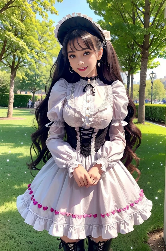 sexy stylish Spanish model, only 1 female, ((doll-like appearance)), long natural stylish hair, ((shiny Victorian-Style boots)), (big smile), ultra detailed eyes, very detailed eye makeup, lipgloss, long lashes, defined eyebrows, ((sexy Sweet Lolita cosplay)), bell-shaped skirt, petticoats, high neckline, puffed sleeves, ((ultra detailed lace)), ((ultra detailed embroidery)), intricate details, animals, fairy tales, heart-shaped bag, Sweet Lolita accessoires, large bow, Sweet Lolita choker, ((large sparkling Sweet Lolita jewelry)), cinematic light, detailed large park background with trees 