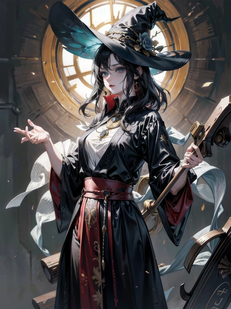 Anime character, holding dual axes, traditional witch outfit, hat, absurdres, RAW photo, extremely delicate and beautiful, masterpiece, Best Quality, ultra high resolution, 32k, hyperrealistic, ultra-detailed, perfect figure, perfect shape, detailed description, pale skin, 20 years old, detailed beautiful face and eyes, tearful mole, earring, short medium hair, wavy hair,