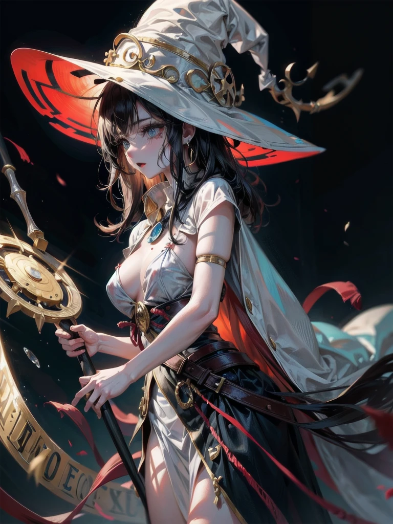 Anime character, holding dual axes, traditional witch outfit, hat, absurdres, RAW photo, extremely delicate and beautiful, masterpiece, Best Quality, ultra high resolution, 32k, hyperrealistic, ultra-detailed, perfect figure, perfect shape, detailed description, pale skin, 20 years old, detailed beautiful face and eyes, tearful mole, earring, short medium hair, wavy hair,