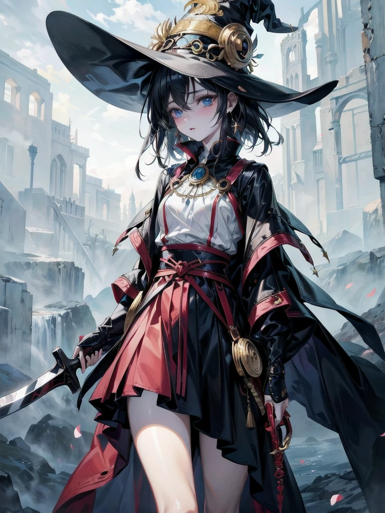 Anime character, holding dual axes, traditional witch outfit, hat, absurdres, RAW photo, extremely delicate and beautiful, masterpiece, Best Quality, ultra high resolution, 32k, hyperrealistic, ultra-detailed, perfect figure, perfect shape, detailed description, pale skin, 20 years old, detailed beautiful face and eyes, tearful mole, earring, short medium hair, wavy hair,