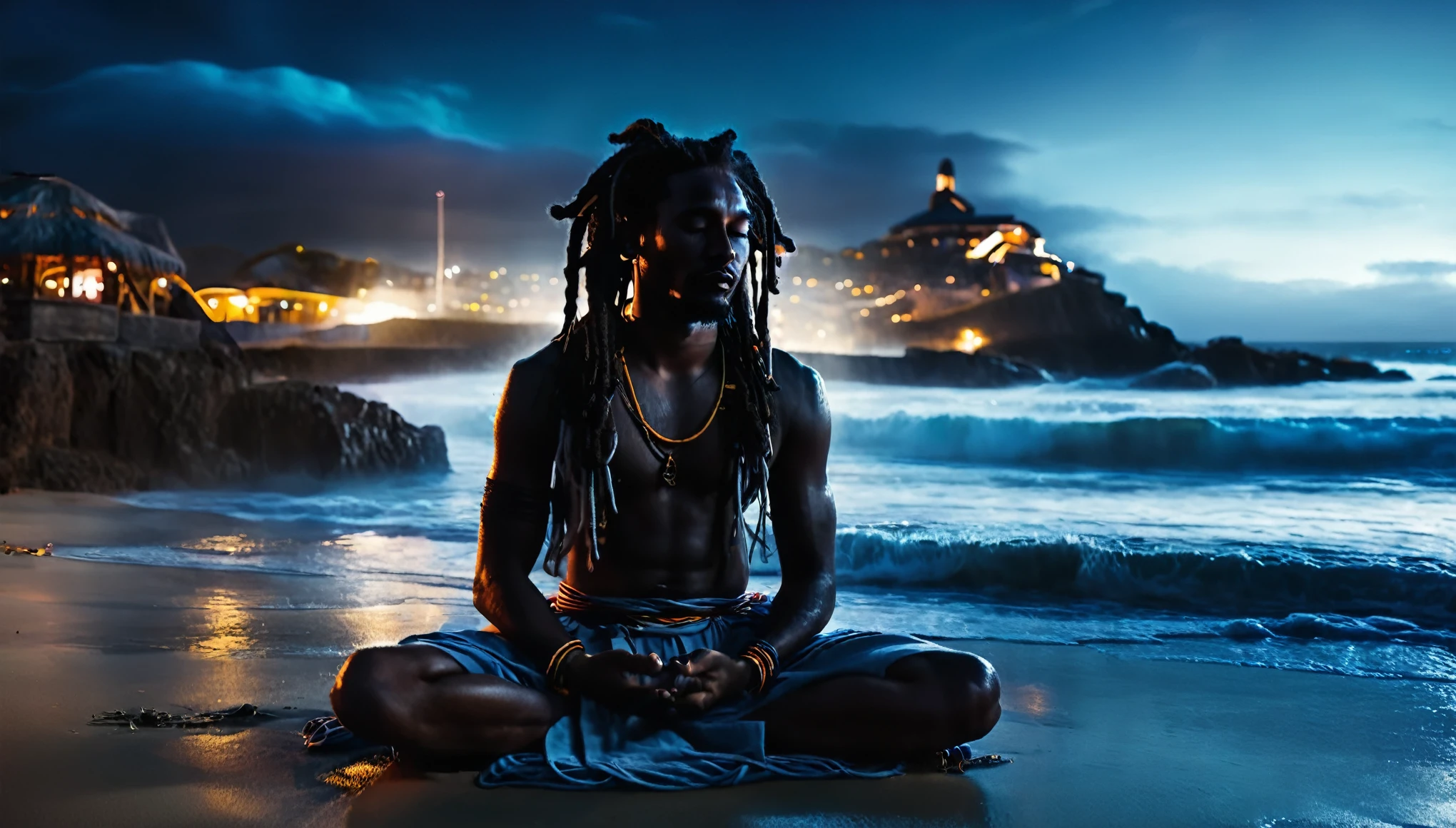 Imagem de um negro , with dreadlocks on his head meditating with his eyes closed. roupas de costumes budista. night sky , com uma enorme lua cheia. cinematic lighting. paisagem de praia jamaicana de lua cheia