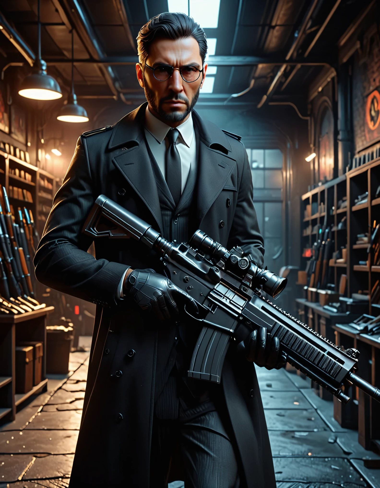 there is a man in a suit and tie holding an assault rifle, neo - noir style, 3 d render character art 8 k, full body portrait, neo noir style, concept art like ernest khalimov, cinematic full character, male character, highly detailed character, full body shot hyperdetailed, (arnold maya render:0.4), he is wearing a black trenchcoat, solo, single, (eyeglasses), long black trenchcoat, black suit and tie, (black shirt), dress shoes, formal, stoic. (weapons room backdrop, shelves behind him, weapons on each shelf).