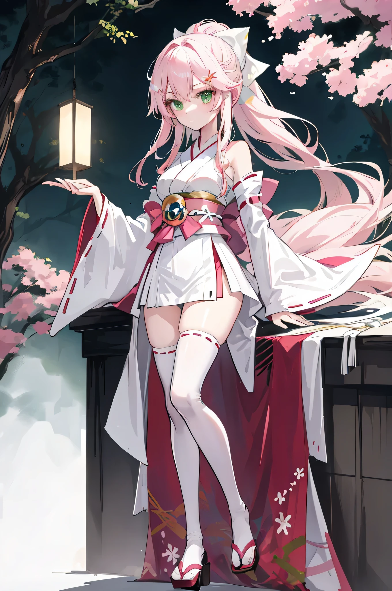 A pink-haired，The hair was long，green eyes,Very long dull hairs，Outwardly lazy，white kimono costume，White miko stockings，white mini skirt,forest background,