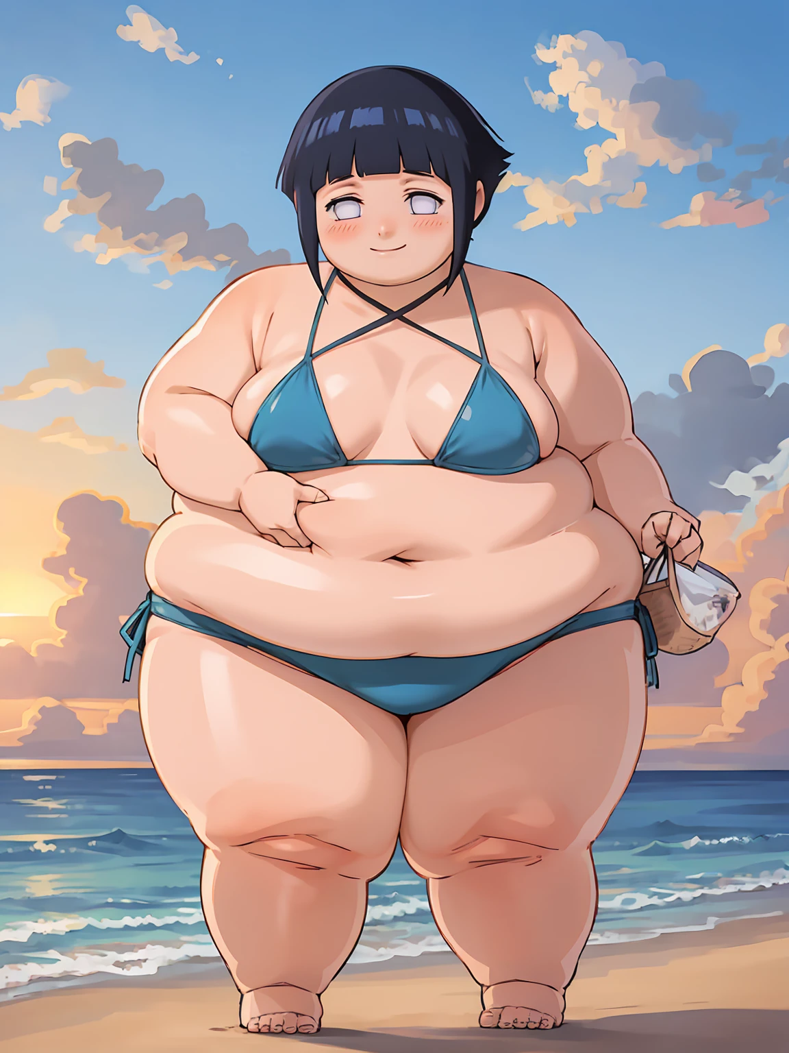 standing, shy, smile, blush, 1girl, obese hyuuga hinata, thick thighs, big cheeks, fat belly, small fat neck, cute, fat arms, perfect body, black hair, short hair, white eyes, no pupils, small breats, blue bikini, ultra detailed, masterpiece, best quality, aesthetic, detailed, beach sunset