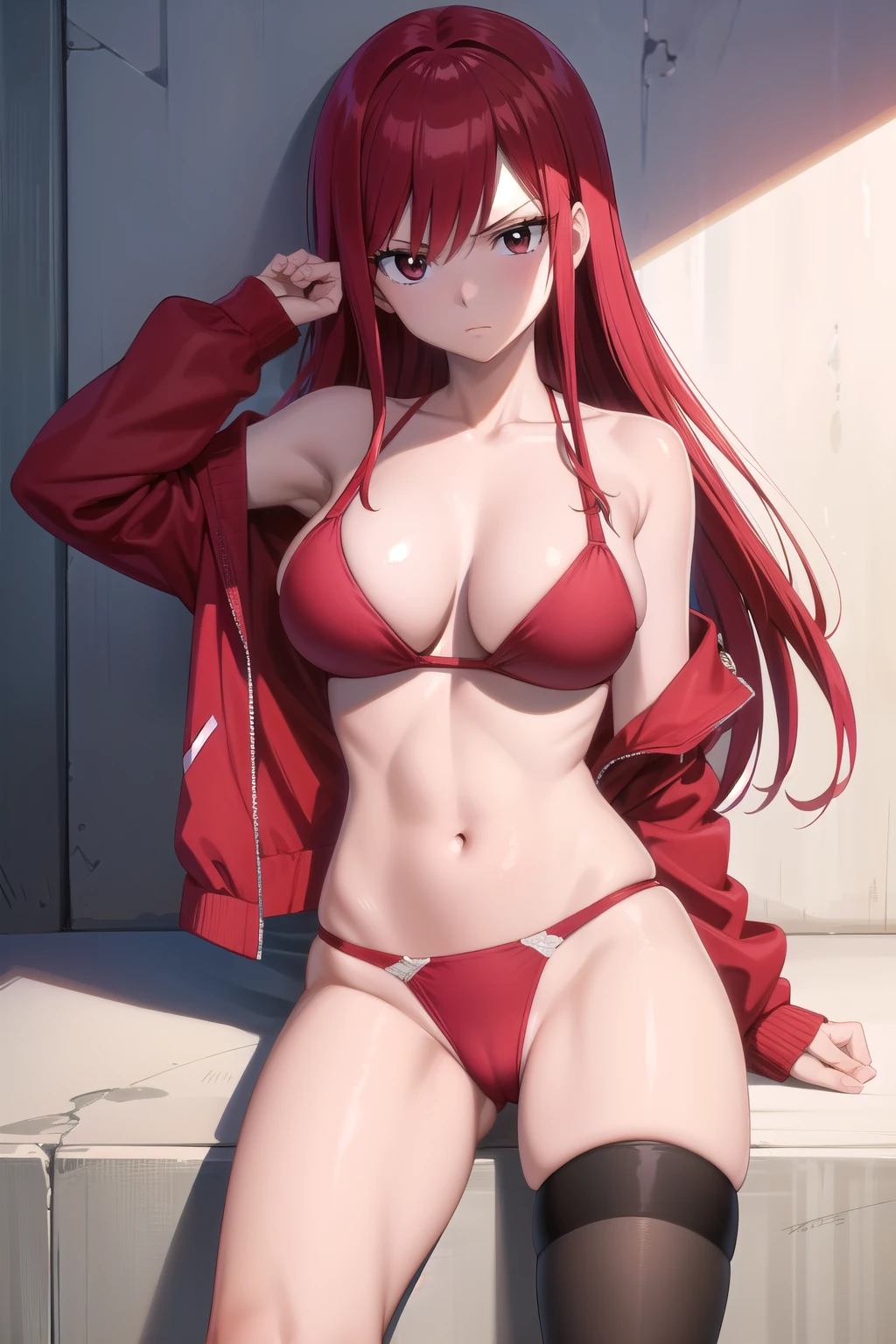 absurdres, highres, ultra detailed, Erza scarlet , disappointed face, discutindo , solo , red jacket, open clothes, bra , medium chest ,thong pantie , long socks , looking at viewer .