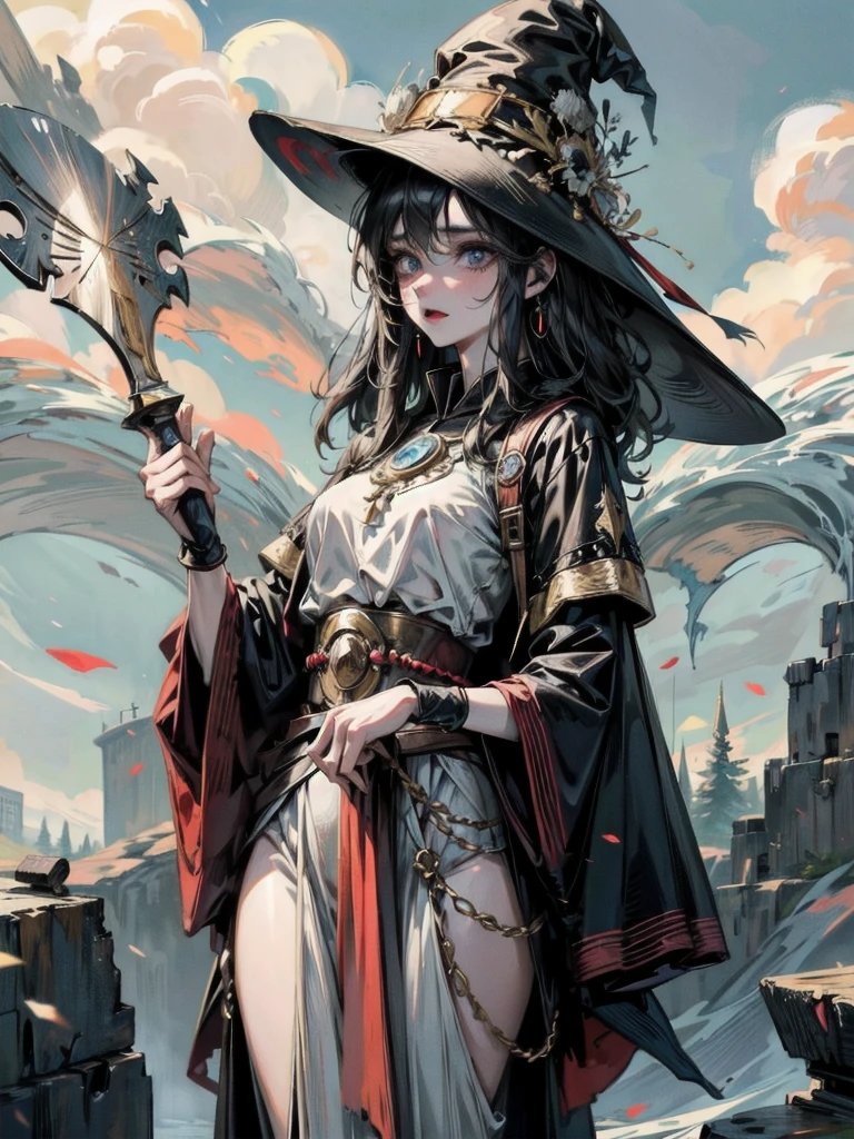 Anime character, Equipped with weapons, traditional witch outfit, hat, absurdres, RAW photo, extremely delicate and beautiful, masterpiece, Best Quality, ultra high resolution, 32k, hyperrealistic, ultra-detailed, perfect figure, perfect shape, detailed description, pale skin, 20 years old, detailed beautiful face and eyes, tearful mole, earring, short medium hair, wavy hair,