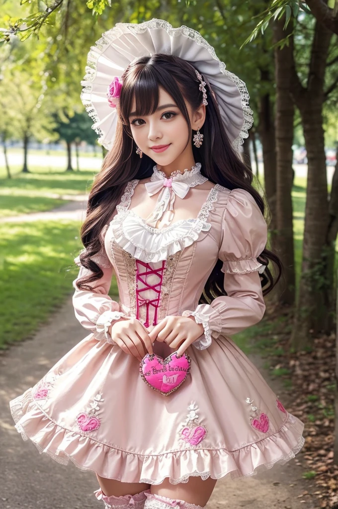 sexy stylish Brazilian model, only 1 female, ((doll-like appearance)), long neon pink stylish hair, ((very detailed Victorian-Style boots)), (big smile), ultra detailed eyes, very detailed eye makeup, lipgloss, long lashes, defined eyebrows, ((sexy Sweet ta cosplay)), bell-shaped skirt, petticoats, high neckline, puffed sleeves, ((ultra detailed lace)), ((ultra detailed embroidery)), intricate details, animals, fairy tales, heart-shaped bag, Sweet Loliccessoires, large bow, Sweet Lolita cr, ((large sparkling Sweet Lolita jewel, cinematic light, detailed large park background with trees