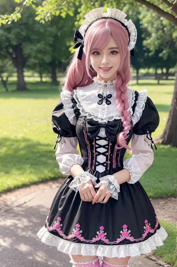 sexy stylish Brazilian model, only 1 female, ((doll-like appearance)), long neon pink stylish hair, ((very detailed Victorian-Style boots)), (big smile), ultra detailed eyes, very detailed eye makeup, lipgloss, long lashes, defined eyebrows, ((sexy Sweet Lolita cosplay)), bell-shaped skirt, petticoats, high neckline, puffed sleeves, ((ultra detailed lace)), ((ultra detailed embroidery)), intricate details, animals, fairy tales, heart-shaped bag, Sweet Lolita accessoires, large bow, Sweet Lolita choker, ((large sparkling Sweet Lolita jewelry)), cinematic light, detailed large park background with trees 