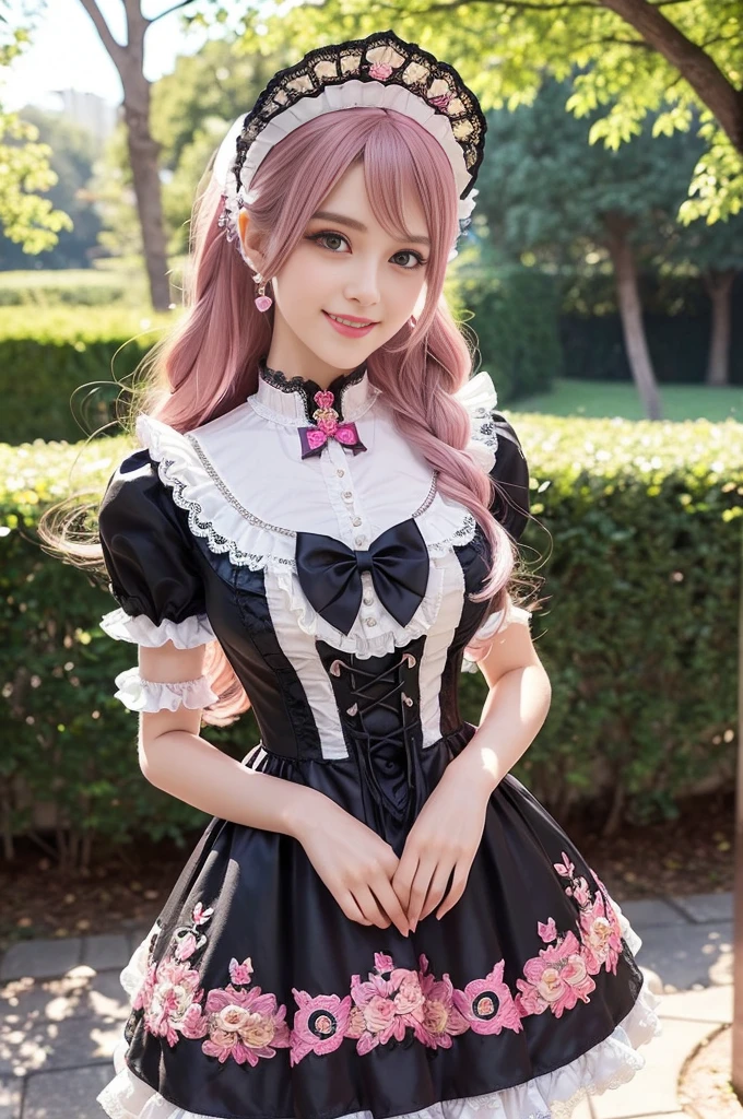 sexy stylish Brazilian model, only 1 female, ((doll-like appearance)), long neon pink stylish hair, ((very detailed Victorian-Style boots)), (big smile), ultra detailed eyes, very detailed eye makeup, lipgloss, long lashes, defined eyebrows, ((sexy Sweet Lolita cosplay)), bell-shaped skirt, petticoats, high neckline, puffed sleeves, ((ultra detailed lace)), ((ultra detailed embroidery)), intricate details, animals, fairy tales, heart-shaped bag, Sweet Lolita accessoires, large bow, Sweet Lolita choker, ((large sparkling Sweet Lolita jewelry)), cinematic light, detailed large park background with trees