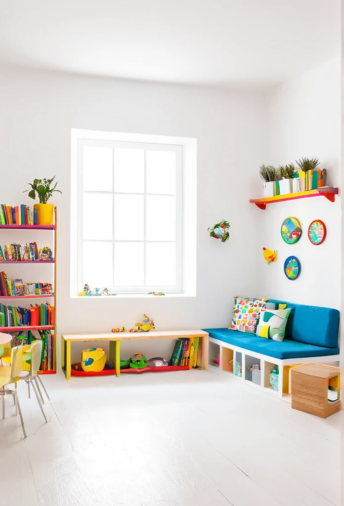 - Four white walls - Round cushions of various colors - Shelves for the to reach with books and educational toys.
- Una alfombra de juego en el suelo.
- Pizarras o tableros en las paredes.
- Teaching materials such as pencils, papeles y manualidades.
- Children's drawings and works on the walls.
- Small plants or colorful decorations.
- Espejo rectangular puesto en un lado de la pared.