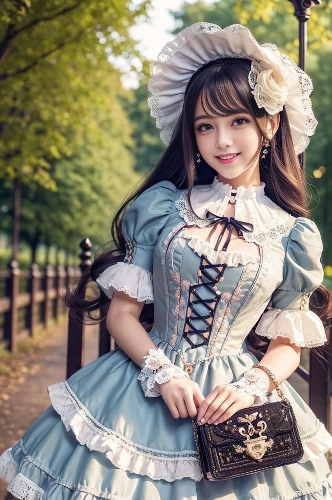 sexy stylish Brazilian model, only 1 female, ((doll-like appearance)), long natural stylish hair, ((very detailed Victorian-Style boots)), (big smile), ultra detailed eyes, very detailed eye makeup, lipgloss, long lashes, defined eyebrows, ((sexy Sweet Lolita cosplay)), bell-shaped skirt, petticoats, high neckline, puffed sleeves, ((ultra detailed lace)), ((ultra detailed embroidery)), intricate details, animals, fairy tales, heart-shaped bag, Sweet Lolita accessoires, large bow, Sweet Lolita choker, ((large sparkling Sweet Lolita jewelry)), cinematic light, detailed large park background with trees