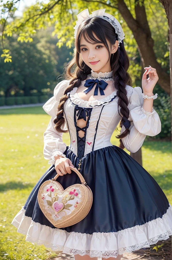 sexy stylish Brazilian model, only 1 female, ((doll-like appearance)), long natural stylish hair, ((very detailed Victorian-Style boots)), (big smile), ultra detailed eyes, very detailed eye makeup, lipgloss, long lashes, defined eyebrows, ((sexy Sweet ta cosplay)), bell-shaped skirt, petticoats, high neckline, puffed sleeves, ((ultra detailed lace)), ((ultra detailed embroidery)), intricate details, animals, fairy tales, heart-shaped bag, Sweet Loliccessoires, large bow, Sweet Lolita cr, ((large sparkling Sweet Lolita jewel, cinematic light, detailed large park background with trees