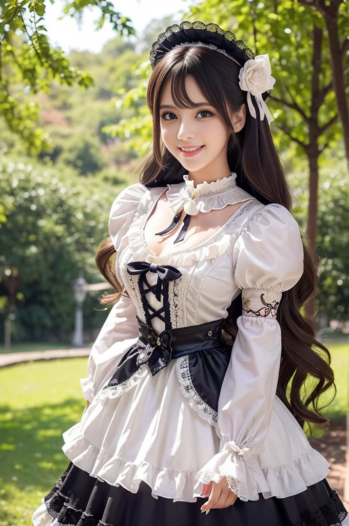 sexy stylish Brazilian model, only 1 female, ((doll-like appearance)), long natural stylish hair, ((very detailed Victorian-Style boots)), (big smile), ultra detailed eyes, very detailed eye makeup, lipgloss, long lashes, defined eyebrows, ((sexy Sweet ta cosplay)), bell-shaped skirt, petticoats, high neckline, puffed sleeves, ((ultra detailed lace)), ((ultra detailed embroidery)), intricate details, animals, fairy tales, heart-shaped bag, Sweet Loliccessoires, large bow, Sweet Lolita cr, ((large sparkling Sweet Lolita jewel, cinematic light, detailed large park background with trees