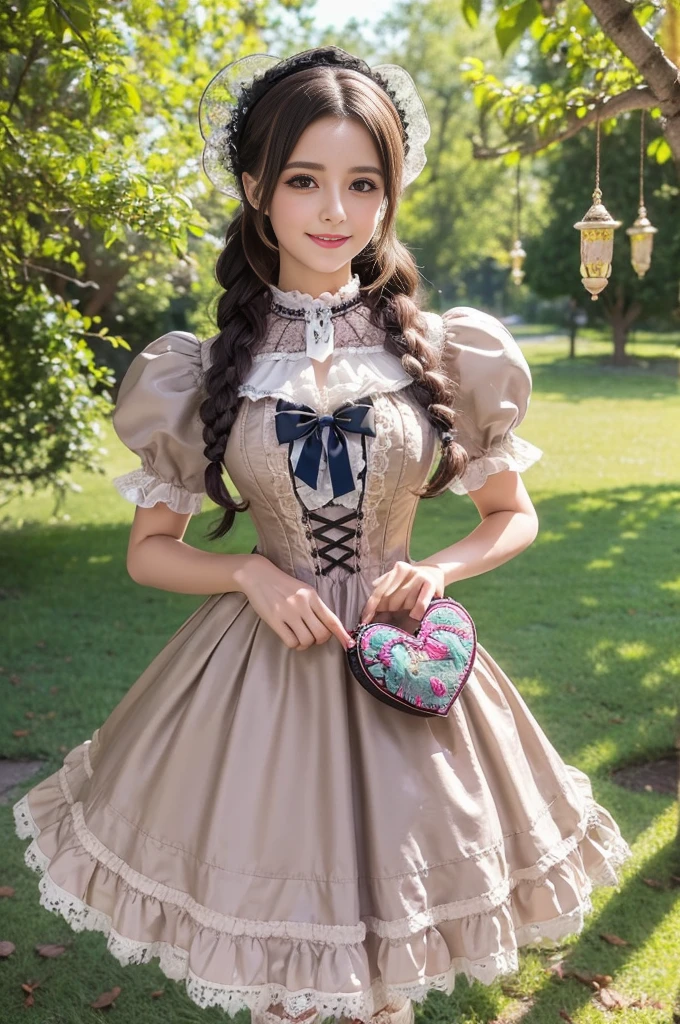 sexy stylish Brazilian model, only 1 female, ((doll-like appearance)), long natural stylish hair, ((very detailed Victorian-Style boots)), (big smile), ultra detailed eyes, very detailed eye makeup, lipgloss, long lashes, defined eyebrows, ((sexy Sweet ta cosplay)), bell-shaped skirt, petticoats, high neckline, puffed sleeves, ((ultra detailed lace)), ((ultra detailed embroidery)), intricate details, animals, fairy tales, heart-shaped bag, Sweet Loliccessoires, large bow, Sweet Lolita cr, ((large sparkling Sweet Lolita jewel, cinematic light, detailed large park background with trees 