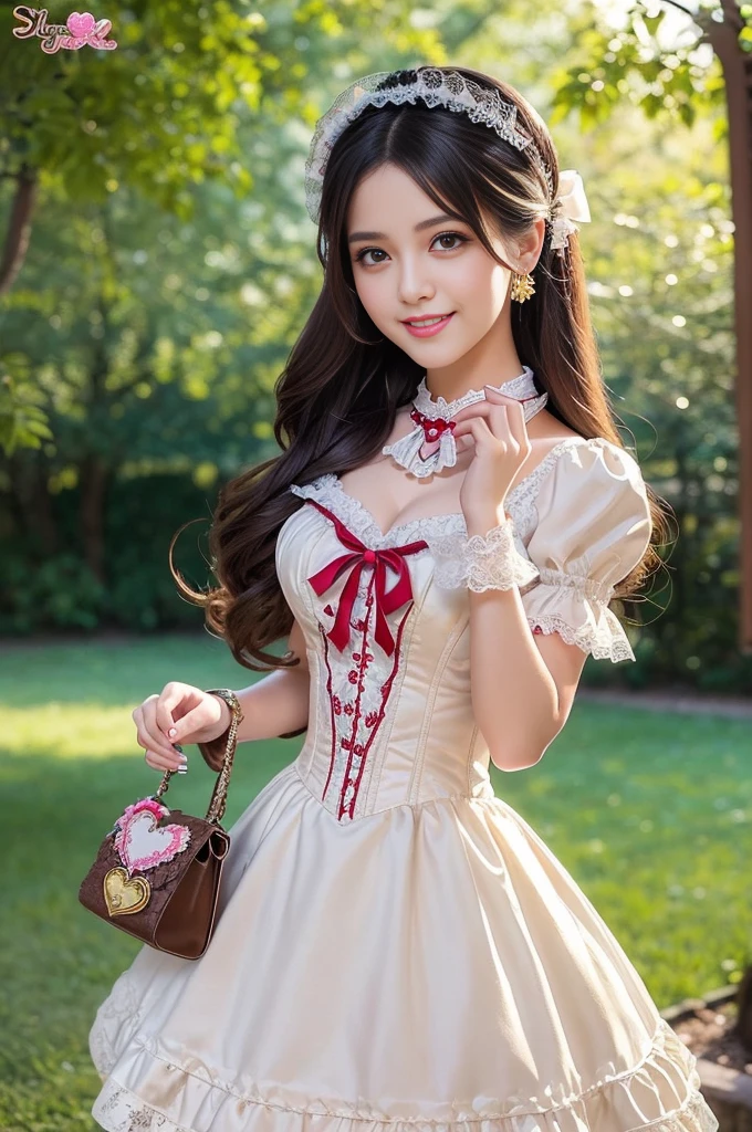 sexy stylish Brazilian model, only 1 female, ((doll-like appearance)), long natural stylish hair, ((very detailed Victorian-Style boots)), (big smile), ultra detailed eyes, very detailed eye makeup, lipgloss, long lashes, defined eyebrows, ((sexy Sweet Lolita cosplay)), bell-shaped skirt, petticoats, high neckline, puffed sleeves, ((ultra detailed lace)), ((ultra detailed embroidery)), intricate details, animals, fairy tales, heart-shaped bag, Sweet Lolita accessoires, large bow, Sweet Lolita choker, ((large sparkling Sweet Lolita jewelry)), cinematic light, detailed large park background with trees 