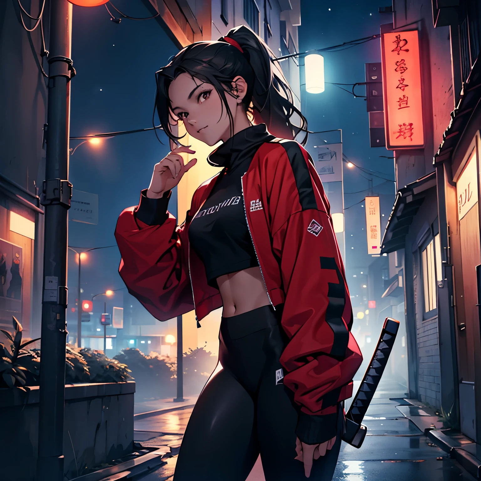 Translate texts with the camera
(high quality, detailed, 4k, night scenery), young girl, 23 years old, European origin, sportswear, top over long sleeve shirt, leggings, black clothing with red details, brown eyes, black hair, styled hair ponytail, katana, city, night, artificial lighting,