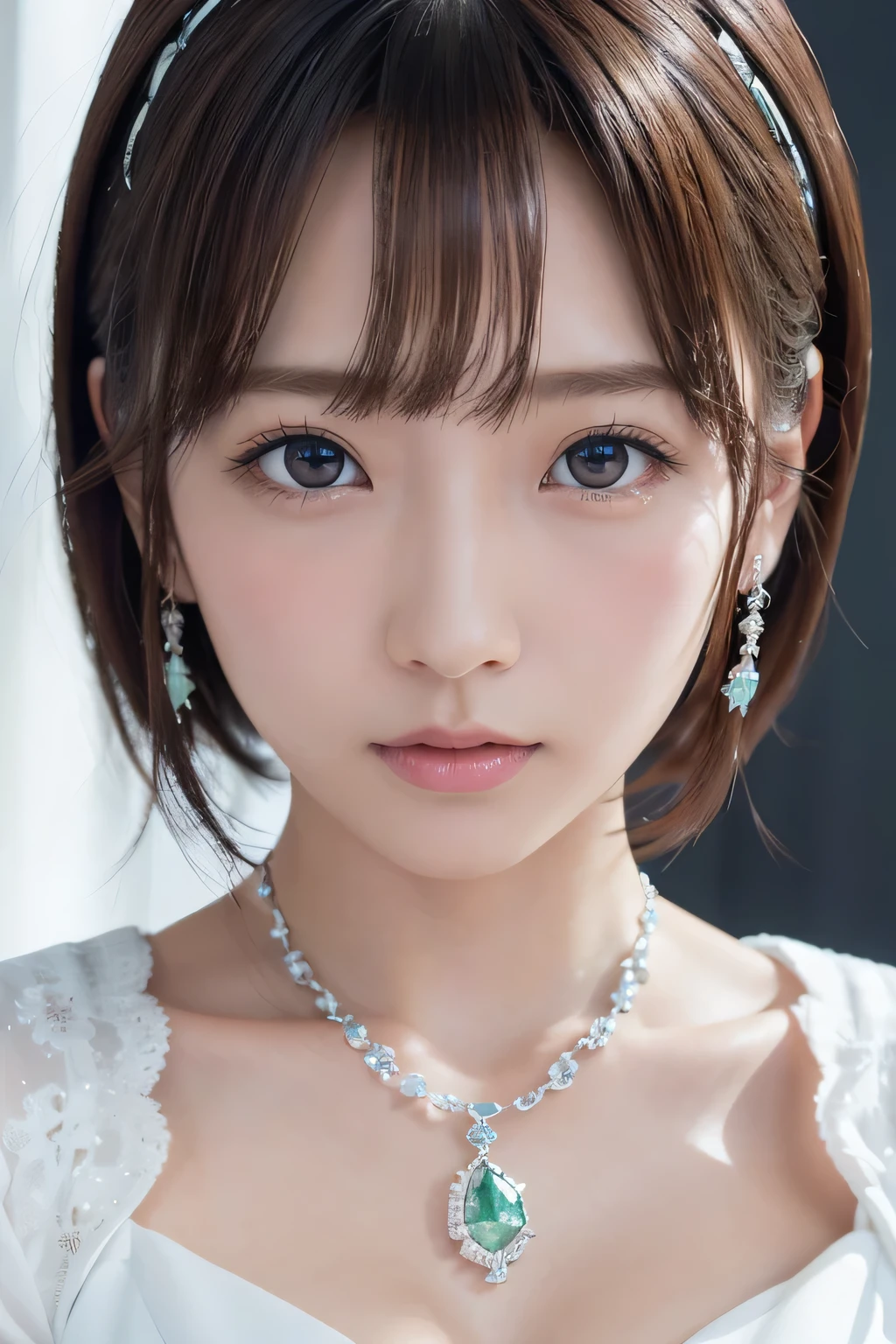 masterpiece, highest quality, Awareness-raising, Sax Blue, Platinum Earrings, Platinum Necklace, White Dress, One Girl, cute, (Dynamic Lighting:1.2), Cinematic lighting, Delicate facial features, Detailed eyes, Sharp pupils, Realistic students, Depth of written boundary, ボケ Depth of written boundary, Sharp focus, (Ultra-detailed, bloom, shine:1.4), Lots of little gems、 Green light