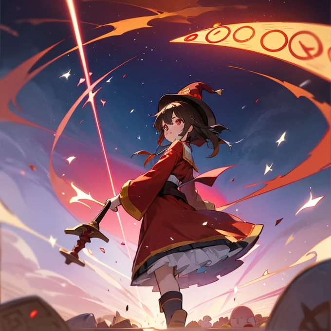 KonoSuba、Megumin、Wizard、Wooden two-handed walking stick、In the chant、Arrangement where the magic square can be seen、Eye patch、Red pointed hat、Red Robe、7 color particle effects