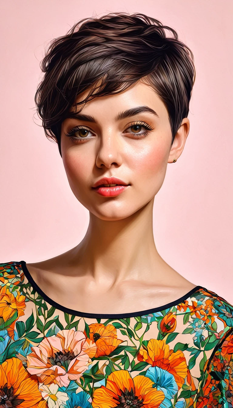 a woman with short pixie haircut, floral top, masterpiece, illustration style by Ali Erturk, highly detailed, hyperrealistic, natural lighting, illustration, vibrant colors