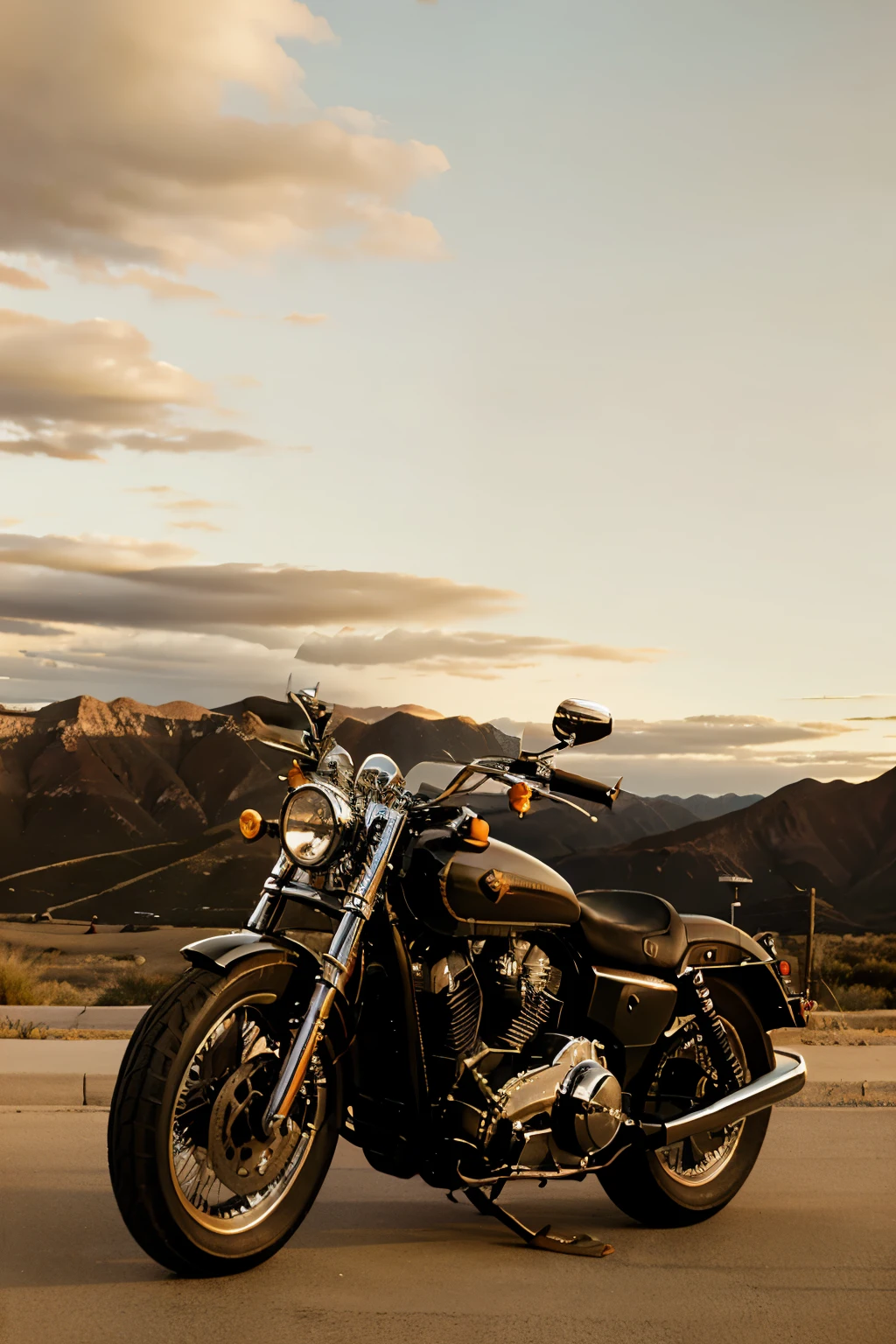 Photo of a vintage motorcycle , it’s a Harley Davidson from 1955, shot from the side, dessert , dusk, film photography style, 4k.