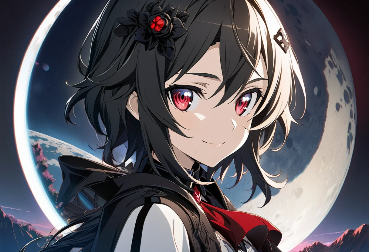 (Hyakuya Mikaela) \(Sword Art Online\), (long black hair), (ruby red eyes):1.2, dark costume, bangs, gentle smile, black rose hair ornament, ((ultra-detailed)), ((illustration)), ((neat hair)), (beautiful detailed eyes), female, 1girl, ((moon reflection)), looking at viewer