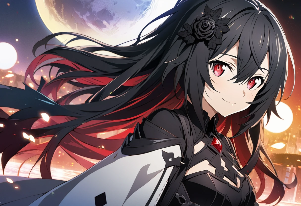 (Hyakuya Mikaela) \(Sword Art Online\), (long black hair), (ruby red eyes):1.2, dark costume, bangs, gentle smile, black rose hair ornament, ((ultra-detailed)), ((illustration)), ((neat hair)), (beautiful detailed eyes), female, 1girl, ((moon reflection)), looking at viewer