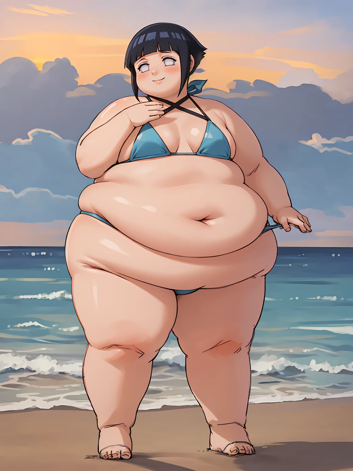 standing, shy, smile, blush, 1girl, obese hyuuga hinata, thick thighs, big cheeks, fat belly, small fat neck, cute, fat arms, perfect body, black hair, white eyes, no pupils, small breats, blue bikini, ultra detailed, masterpiece, best quality, aesthetic, detailed, beach sunset