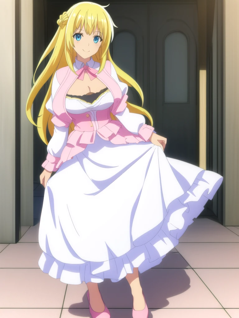 (Best Quality, Masterpiece),sexy, erotic, 1girl, 18 years old, Contempt, pride, long hair, ((blue eyes)), looking at viewer, looking at viewer, warm light, (((nightgown))), (big breasts), big butt, ((smile)), ((white dress)), (thick thighs), ((grabbing own ass)), smile, ((ass)), back, ((night))