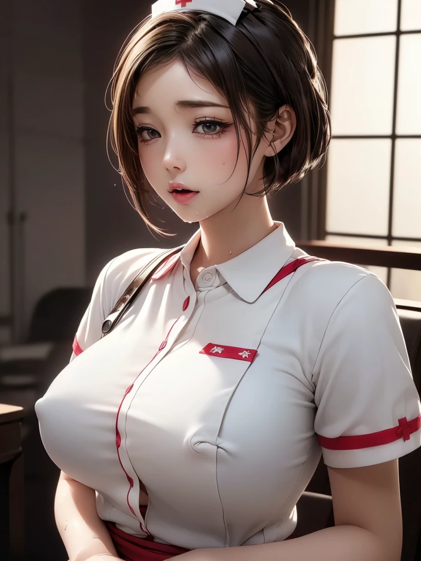  20 year old Japanese woman,(非常にdetailedな肌),Curvy,,Beautiful big ,(Very large breasts),Pale skin,Pointed Chest,Erect nipples,(Fantasy art,Best image quality,Hyperrealist portrait,(8k),Ultra-realistic,最high quality, high quality, High resolution, high quality texture,Attention to detail,Beautiful details,detailed,Extremely detailed CG,detailed Texture,Realistic facial expressions,masterpiece,in front,dynamic,bold),(((short pixie cut))),(Very thin hair),(Very soft hair),(Super Straight Hair:1.5),length, sleek bangs,Very light coppery amber hair,Hair in one eye、((Wearing nurse clothes&#39;uniform)), (( I can see her ass ))((No pants)) ,(((sit astride a high-backed chair)))　(((Sit with your chest against the backrest)))　(((Rear View)))　(((Photo from behind)))　(((Genitals exposed and wet)))　(((彼女はAccentuate your buttために背中を反らせている)))　(((The lines of the body are clearly visible)))、(((Depiction of beautiful fingers)))　(((Beautiful body depiction)))　(((Sit with your legs apart)))、(((Accentuate your butt)))、(((Full body photo)))、(((Low angle photo)))、(((Correct ankle orientation)))(((Correct number of legs)))　(((Accurate Body Composition)))　(((Accurate rear view)))(((Strictly adhere to the composition from behind)))