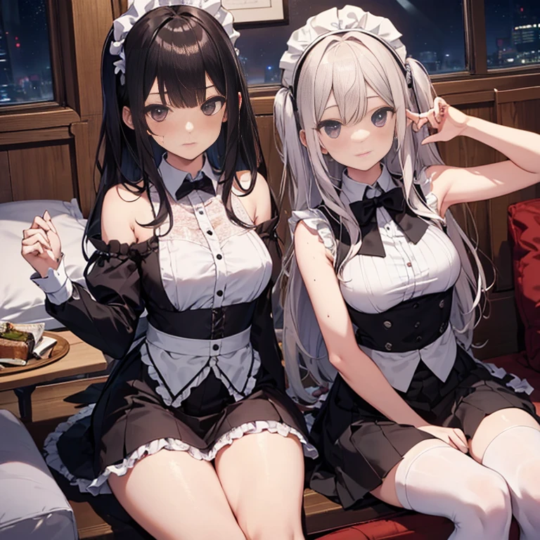 A group of  maids, (in bedroom), various hair styles, harem, night, details face, short skirt, seducing, sleeveless, sweaty armpits 