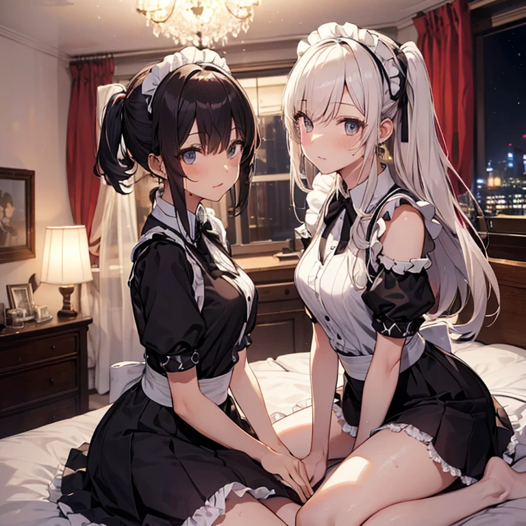 A group of  maids, (in bedroom), various hair styles, harem, night, details face, short skirt, seducing, sleeveless, sweaty armpits 