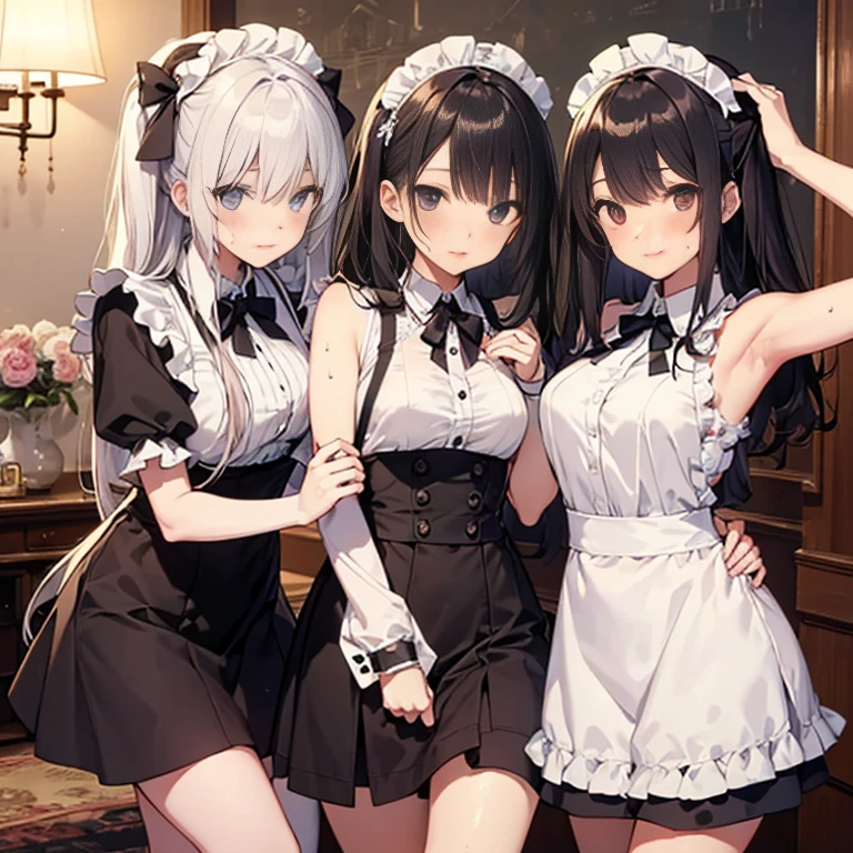 A group of maids, (in bedroom), various hair styles, harem, night, details face, short skirt, seducing, sleeveless, sweaty armpits