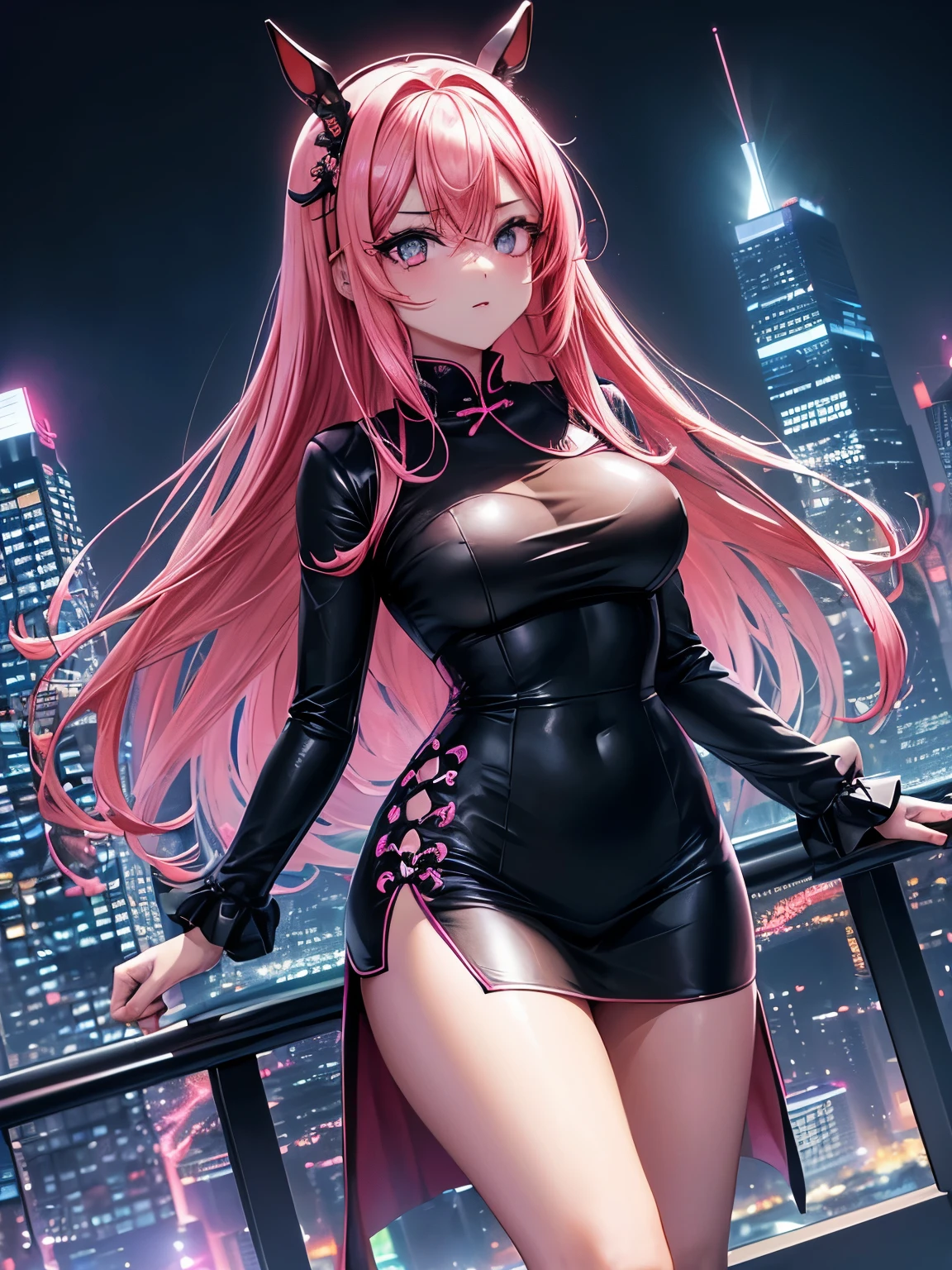 anime, (obra de arte, melhor qualidade, ultra-detalhado, Alto contraste), 1 mulher (sozinho, corpo todo, corpo plus size, standing on the edge of the skyscraper, cabelo prateado, LONGO em um rabo de cavalo, olhos vermelhos, olhos perfeitos brilhos de rubi, (qipao preto simples, black cybernetics with neon pink), Meias pretas transparentes), (skyscraper roof, com vista para uma cidade, fundo detalhado ((Night time, darkness, low light pollution)))