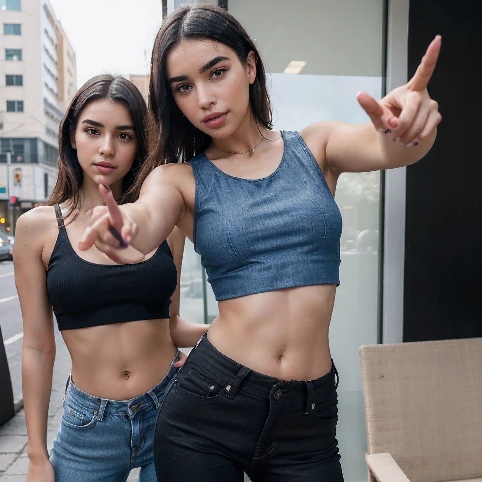 arafed woman in a denim top and black pants pointing at the camera, dua lipa, wearing a sexy cropped top, instagram model, casual pose, sexy pose, ana de armas, pointing at the camera, in an action pose, distorted pose, dasha taran, vshojo, kailee mandel, wearing a cropped top