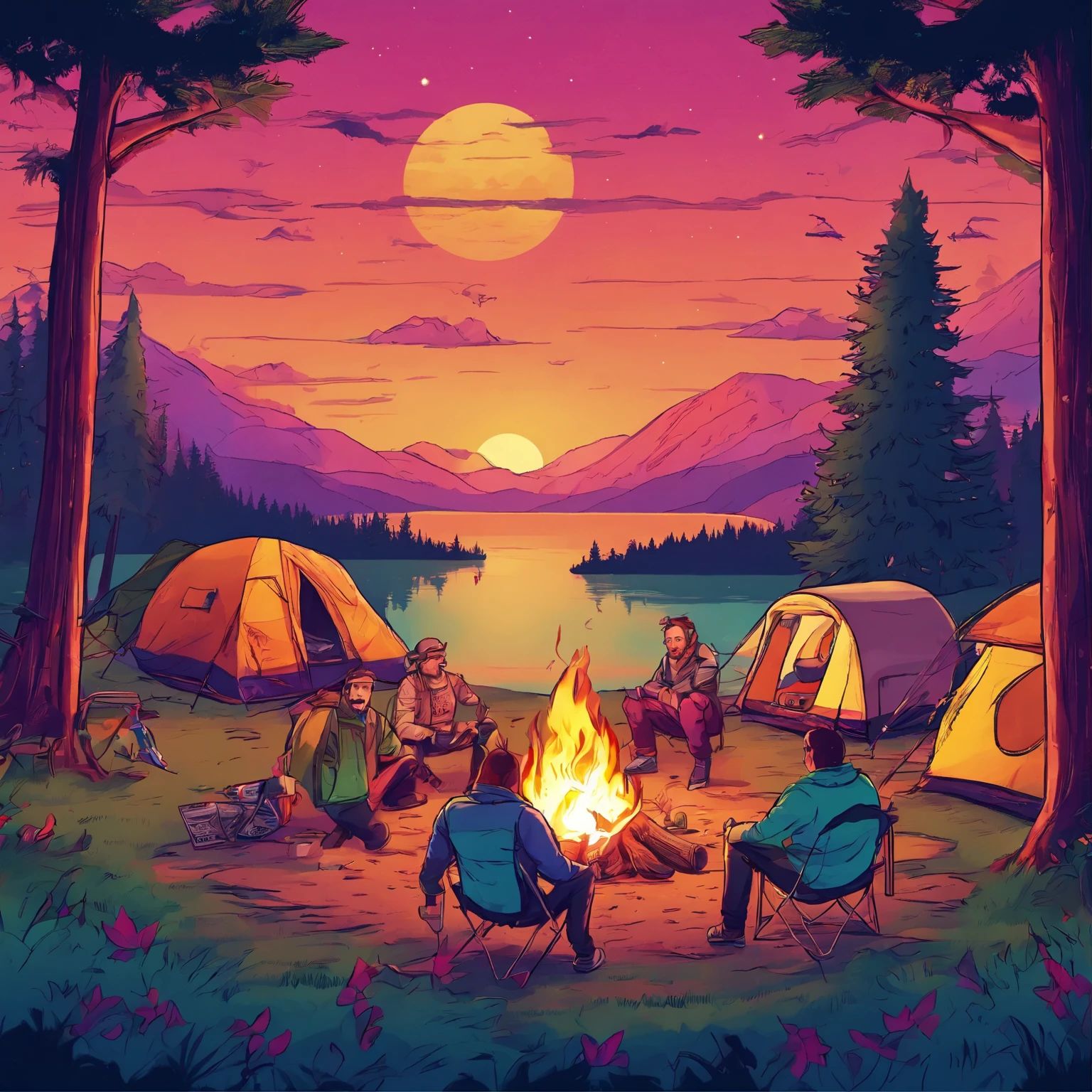 Ultra HD, Masterpiece, Award-Winning Quality, High Resolution, 8K, High Detail, Outdoor Camping, Campervan, Campsite, Tent, Crowd Having Fun by Campfire, Lake, Trees, Night, Starry Sky, Amazing View