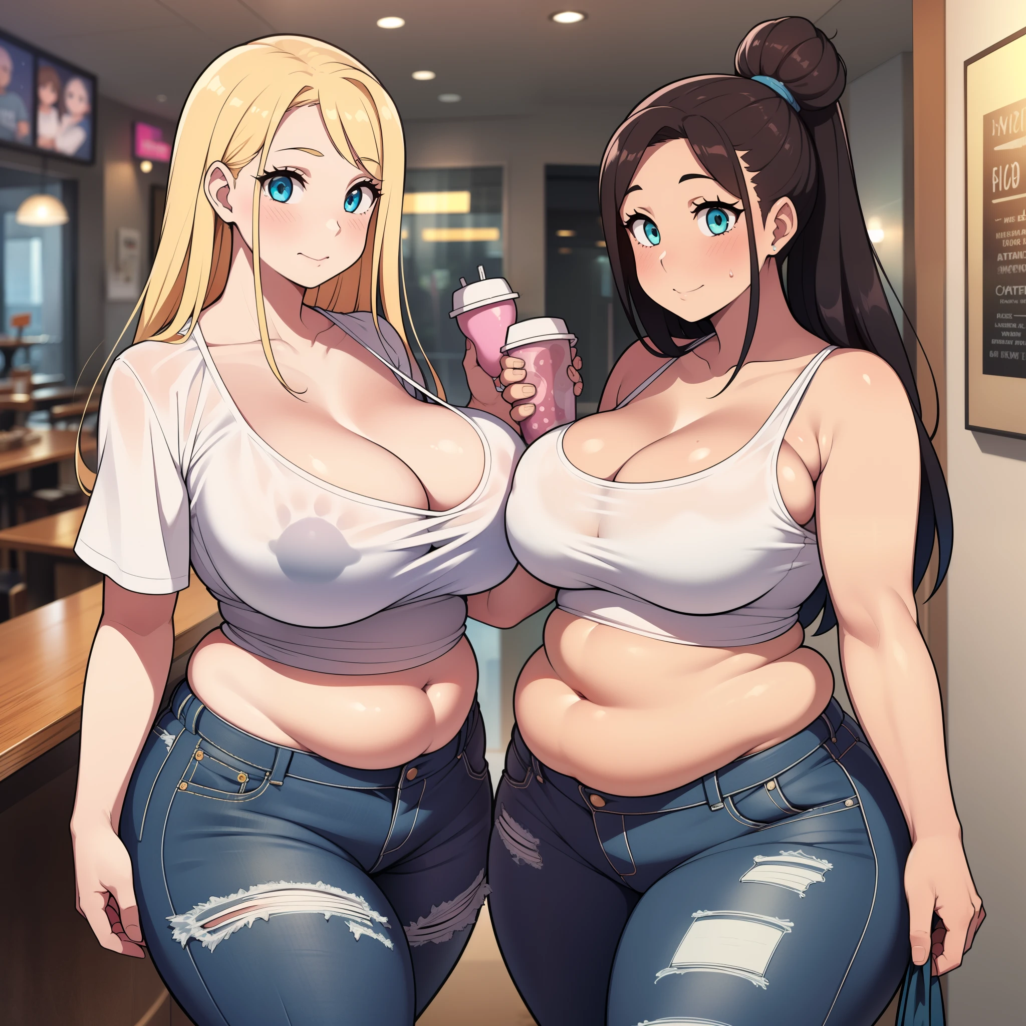 ((highres)), Masterpiece, high quality, best quality, beautiful, perfect lighting, detailed face, ultra cute face, ((2girls)), (blush), one girl has blonde hair, blue eyes, crop top and shorts, one girl has brown hair, green eyes, jeans, white shirt, fast food restaurant, cleavage, medium breasts, ((wide hips)), (thick thighs), ((plump), chubby belly, (belly grab), fat folds, standing next to each other,