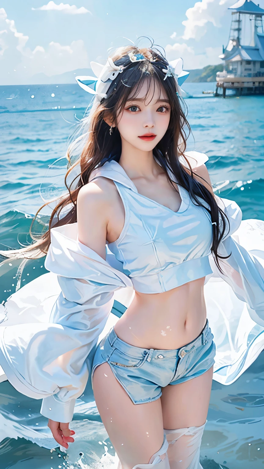 In the clear blue sea、Wearing a white hoodie fluttering in the wind、A woman wearing shorts、standing on the waves。Her hair is long、Shine white、Swaying in the waves。belly button。