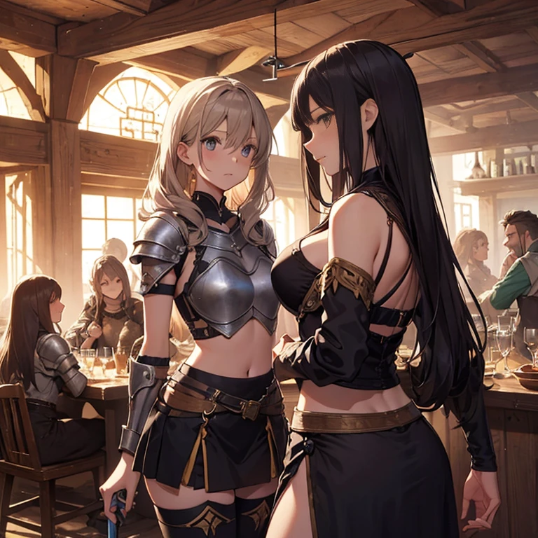 A group of female medieval fantasy adventurers, (in tavern), various hair styles, harem, night, details face, short skirt, seducing, sleeveless, armor, midriff